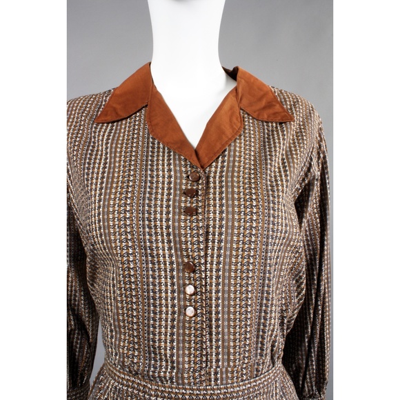 L Vintage 1940s Brown Cotton Tea Length Day Dress - Picture 3 of 8